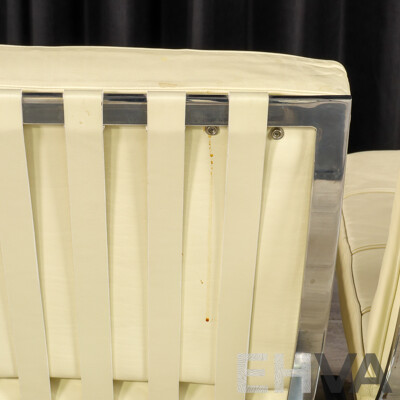 Pair of White Leather Barcelona Style Lounge Chairs with Chrome Frames