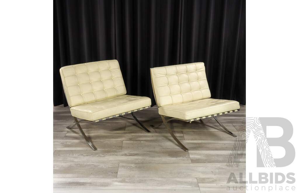 Pair of White Leather Barcelona Style Lounge Chairs with Chrome Frames