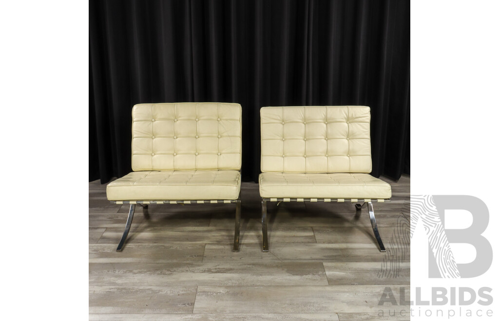 Pair of White Leather Barcelona Style Lounge Chairs with Chrome Frames