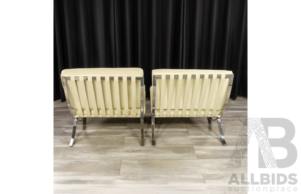 Pair of White Leather Barcelona Style Lounge Chairs with Chrome Frames