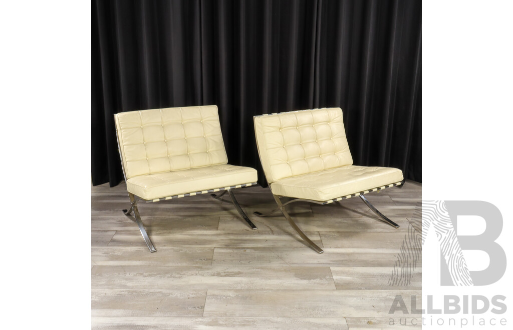 Pair of White Leather Barcelona Style Lounge Chairs with Chrome Frames