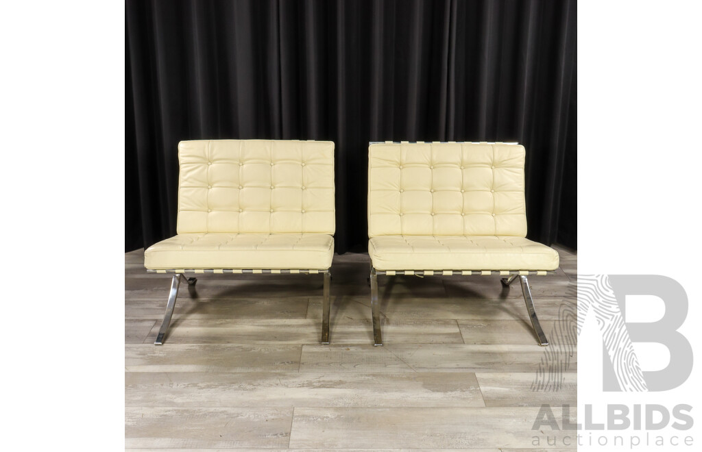 Pair of White Leather Barcelona Style Lounge Chairs with Chrome Frames