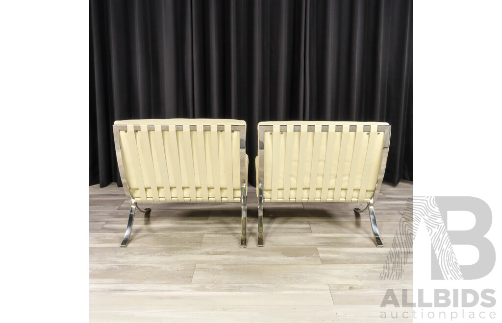 Pair of White Leather Barcelona Style Lounge Chairs with Chrome Frames