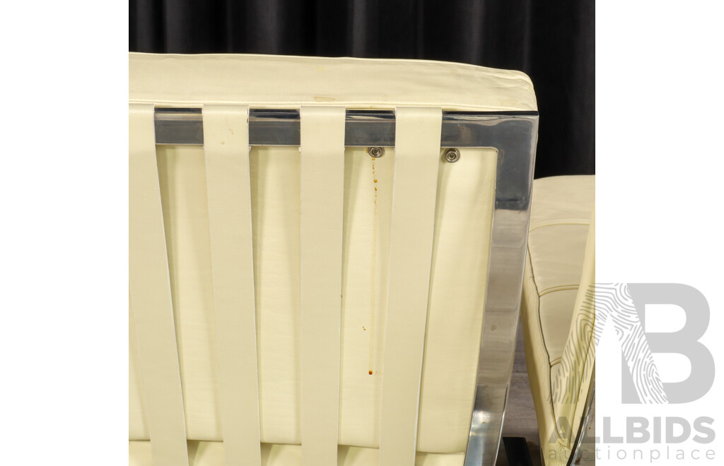 Pair of White Leather Barcelona Style Lounge Chairs with Chrome Frames