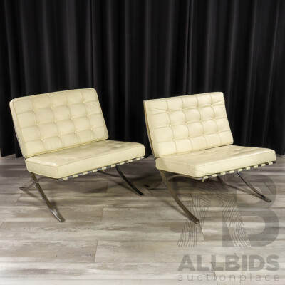 Pair of White Leather Barcelona Style Lounge Chairs with Chrome Frames