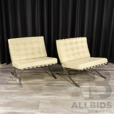 Pair of White Leather Barcelona Style Lounge Chairs with Chrome Frames