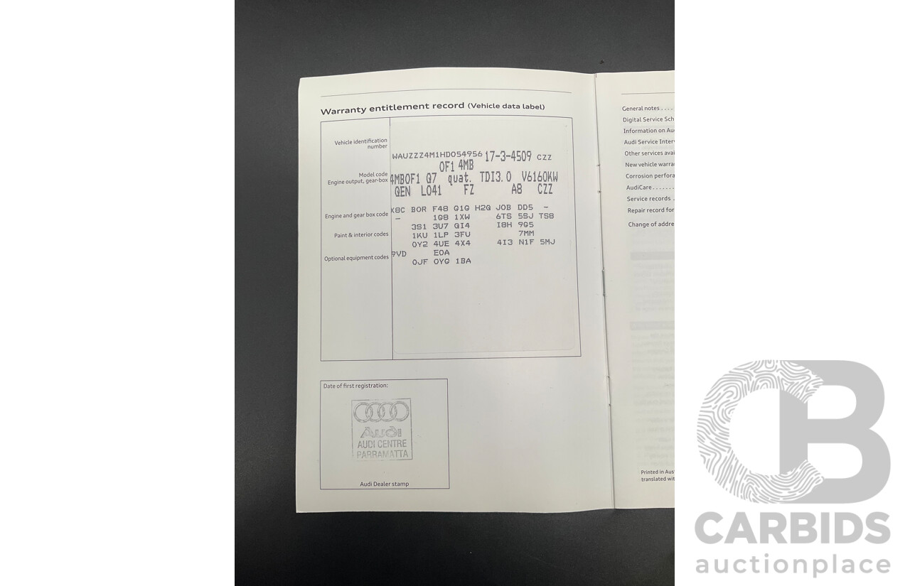 08/2017 Audi Q7 3.0 TDI Quattro (160kW AWD) 4M MY17 4d Wagon Brilliant Black Turbo Diesel V6 3.0L