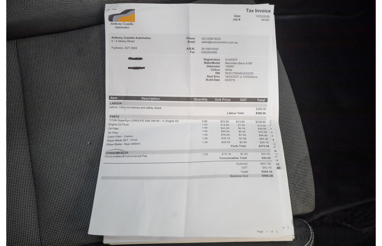 10/2016 Mercedes-Benz A180 176 MY17 5D Hatchback Cirrus White Turbo 1.6L