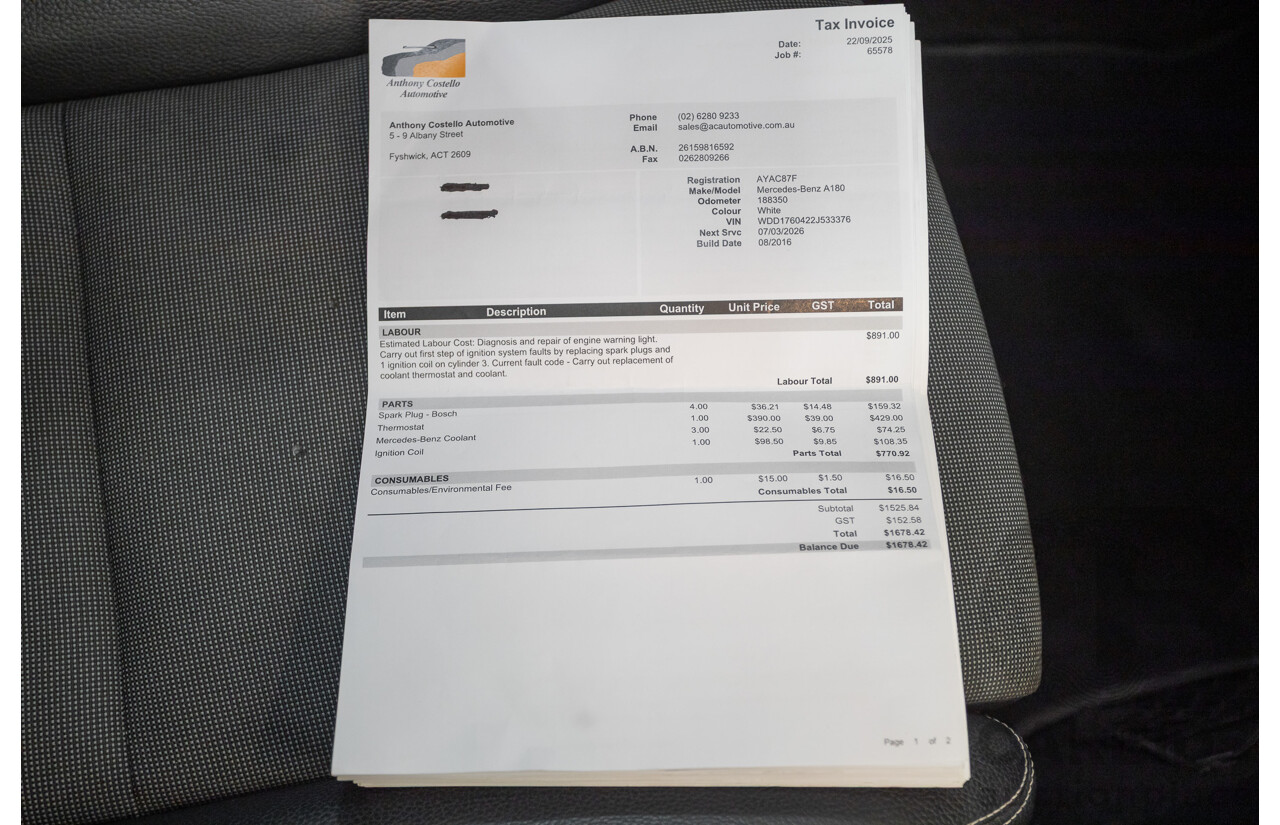 10/2016 Mercedes-Benz A180 176 MY17 5D Hatchback Cirrus White Turbo 1.6L