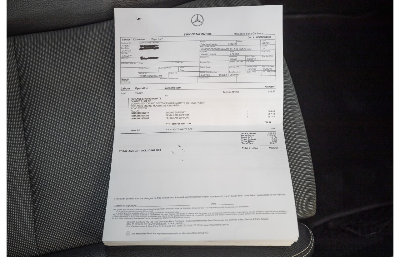 10/2016 Mercedes-Benz A180 176 MY17 5D Hatchback Cirrus White Turbo 1.6L