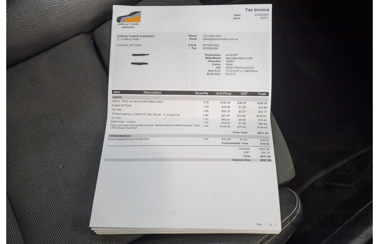 10/2016 Mercedes-Benz A180 176 MY17 5D Hatchback Cirrus White Turbo 1.6L