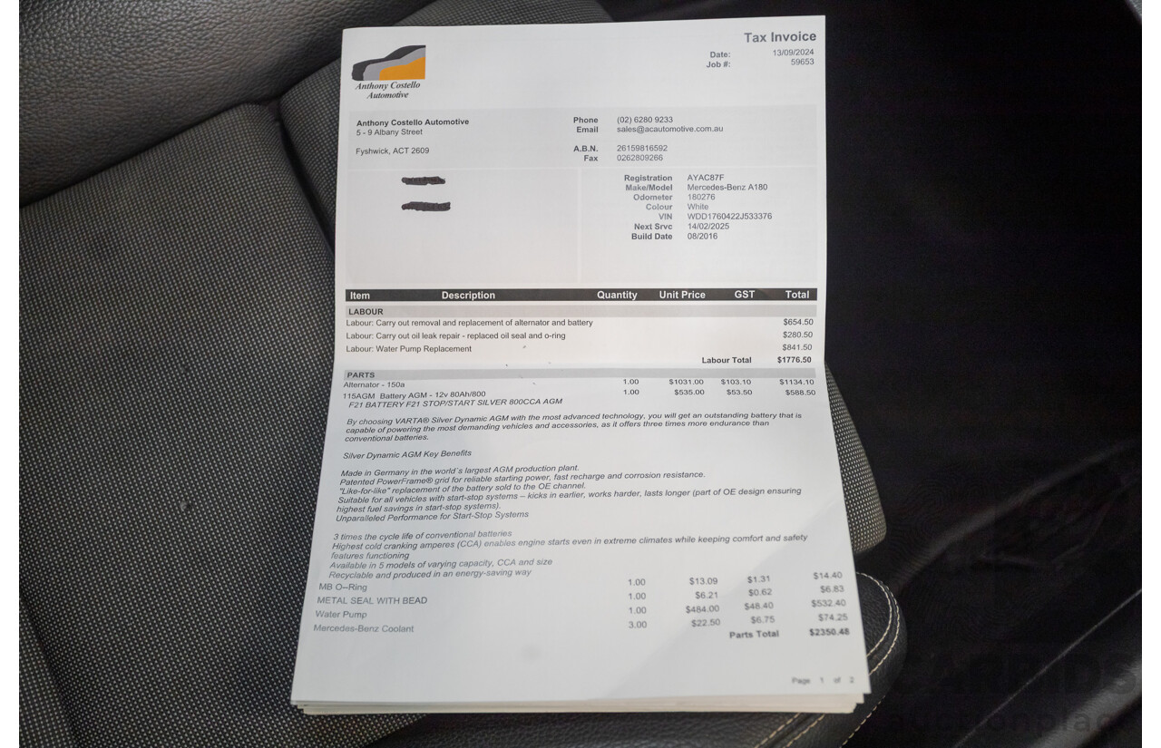 10/2016 Mercedes-Benz A180 176 MY17 5D Hatchback Cirrus White Turbo 1.6L