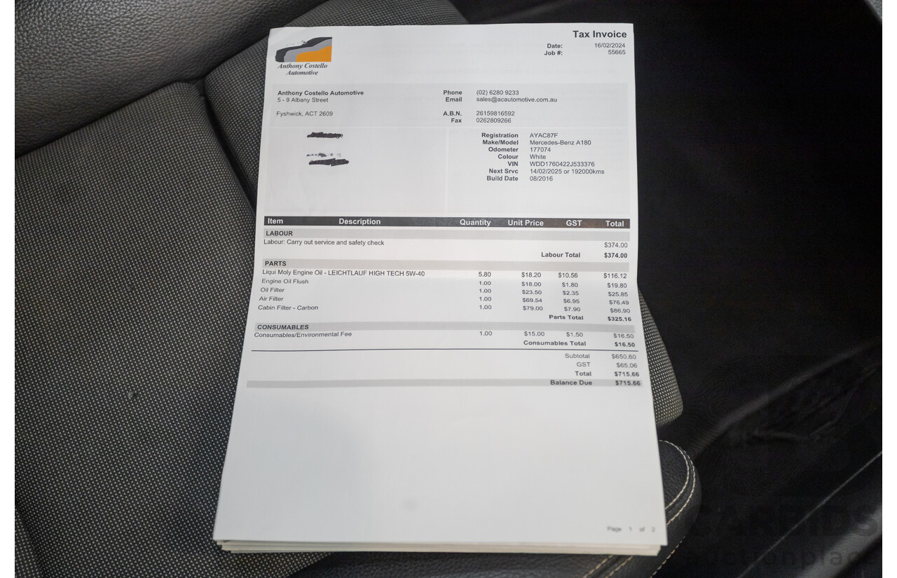 10/2016 Mercedes-Benz A180 176 MY17 5D Hatchback Cirrus White Turbo 1.6L