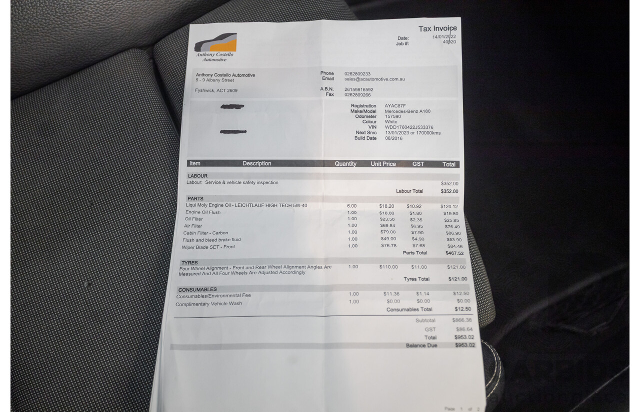 10/2016 Mercedes-Benz A180 176 MY17 5D Hatchback Cirrus White Turbo 1.6L