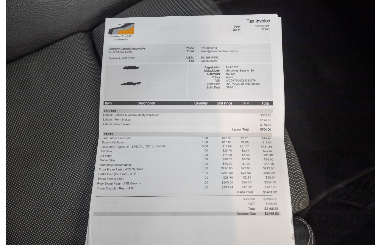 10/2016 Mercedes-Benz A180 176 MY17 5D Hatchback Cirrus White Turbo 1.6L