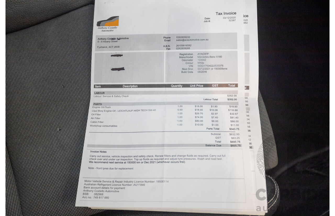 10/2016 Mercedes-Benz A180 176 MY17 5D Hatchback Cirrus White Turbo 1.6L