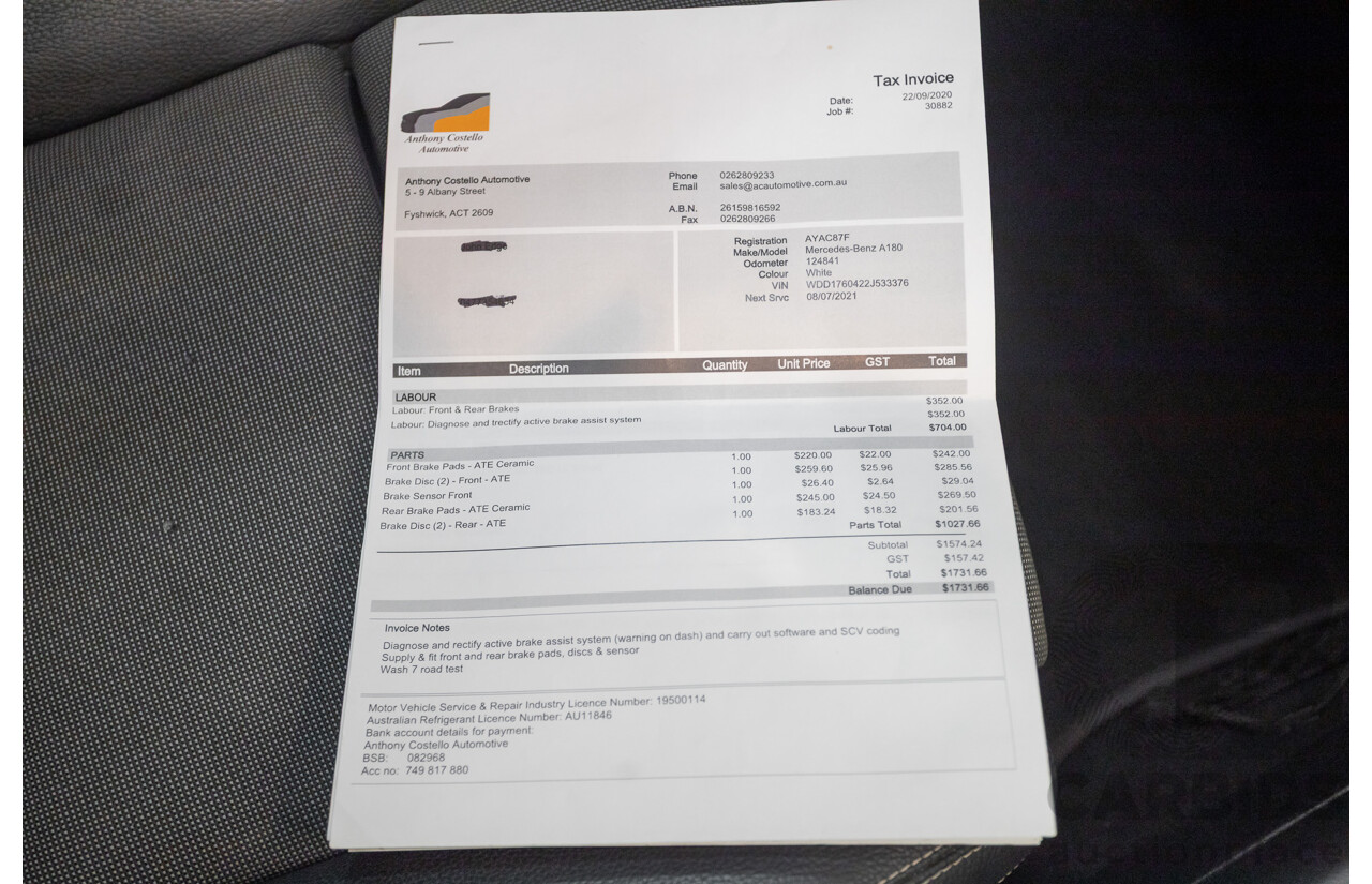 10/2016 Mercedes-Benz A180 176 MY17 5D Hatchback Cirrus White Turbo 1.6L