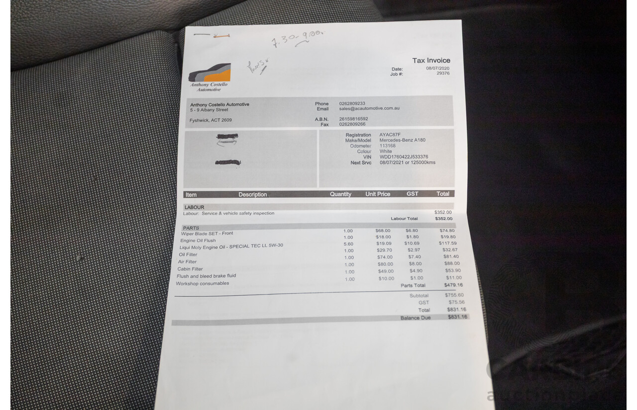 10/2016 Mercedes-Benz A180 176 MY17 5D Hatchback Cirrus White Turbo 1.6L