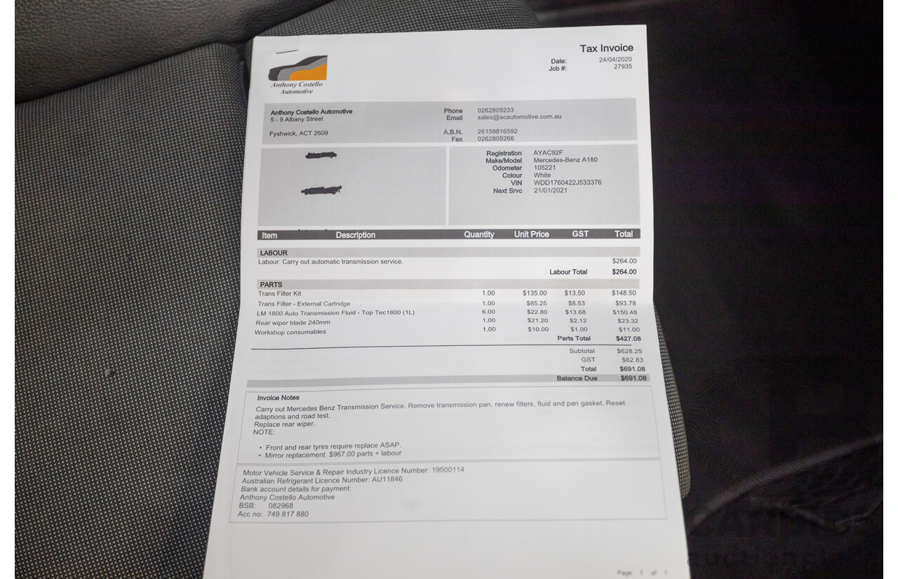 10/2016 Mercedes-Benz A180 176 MY17 5D Hatchback Cirrus White Turbo 1.6L