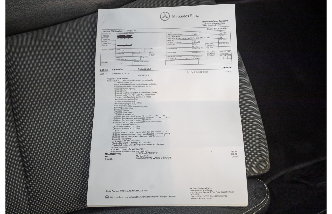 10/2016 Mercedes-Benz A180 176 MY17 5D Hatchback Cirrus White Turbo 1.6L