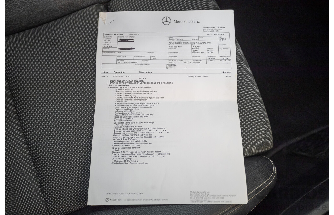 10/2016 Mercedes-Benz A180 176 MY17 5D Hatchback Cirrus White Turbo 1.6L