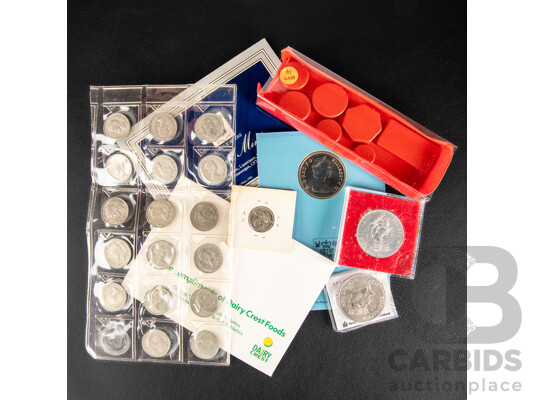 Collection of Commonwealth Coins Including Isle of Man 1975 Twenty Five Pence, 1989 New Zealand One Dollar, United Kingdom 1986 Two Pounds, 1980, 1981 Crowns, Shillings, 1975 UNC Set