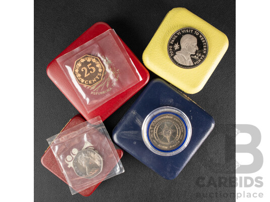 Four Proof Coins Including Samoa 1970 One Dollar, Pope Paul VI Visit, Malta 1975 Twenty Five Cents, Republic Anniversary, United Kingdom 1973 Fifty Pence, EEC Ring of Hands