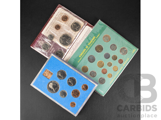 Three Coin Sets Including 1972 Coinage of Great Britain and Northern Ireland, New Zealand 1983 50th Anniversary of Coinage Set, Thailand Commemorative and Circulation Set
