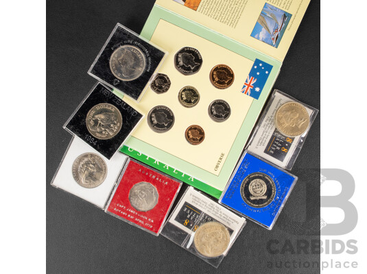 Collection of UNC Coins Including Two Australian 1988 Five Dollars, 1970 Fifty Cents, Cook, United Kingdom 1988 Set Commemorating Australia Bicentenary, 1981 Crown, Charles and Diana, 1987 First Fleet Medal
