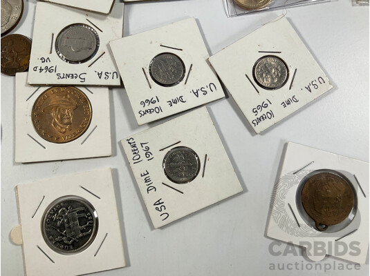 Collection of USA Coins Including Twenty One Commemorative One Dollar Coins, Five Eisenhower One Dollars, 2005 Westward Journey Nickel Series Roll, 1925, 1937 Five Cents, 1982 UNC Set and More