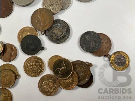 Collection of Mostly Australian Tokens and Medals Including 2010 Citizenship, Sydney Harbour Bridge, NSW Uni Photo Copy Token, 1951 Federation, 1938 Australian 1950th Anniversary and More