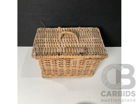 Wicker Picnic Basket and Four Hand Fishing Reel