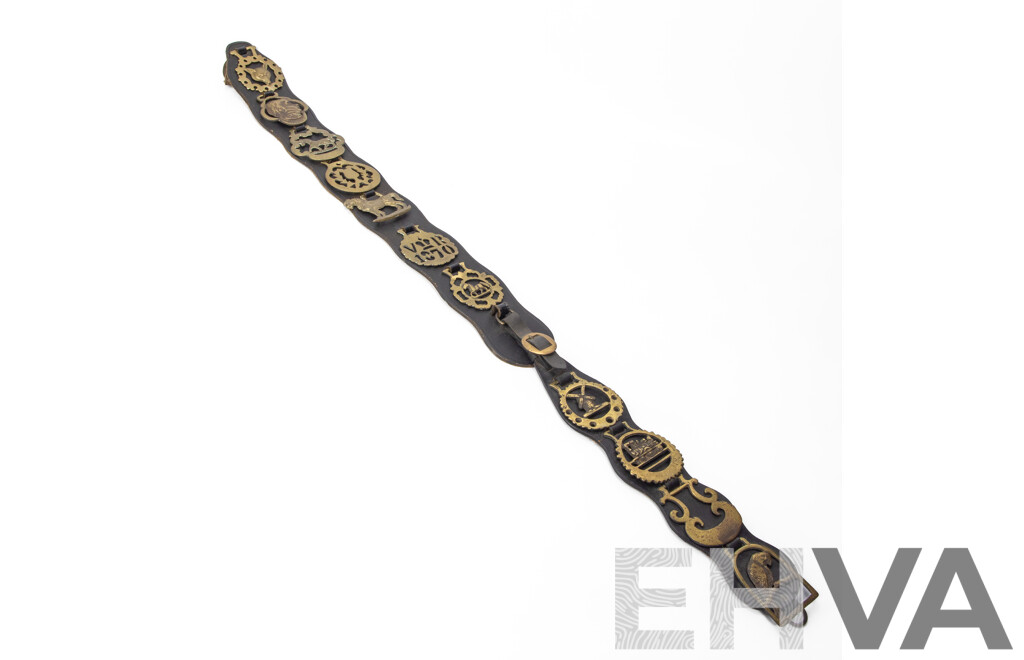Vintage Horse Brasses on Leather Strap Including VR 1870, Edinburgh Thistle, Tom Pinch