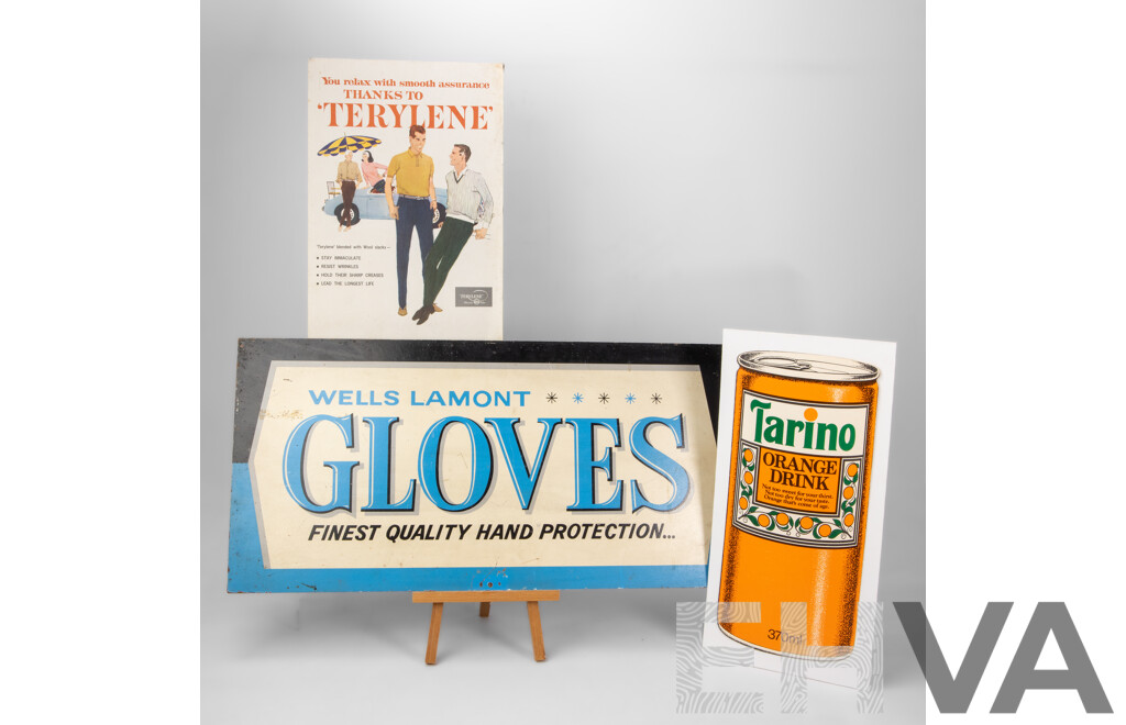 Three Vintage Advertising Signs Including Double Sided Wells Lamont Gloves, Tarino Orange Drink and Terylene Polyester Fibre