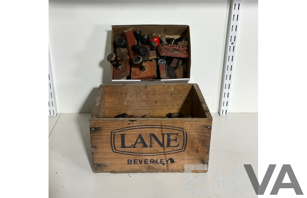 Collection of Timber Handled Rubber Company Stamps Including Herbert Wilson, H.E Collins Sydney, Mack Syd and More