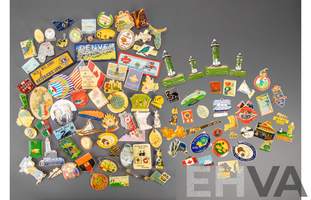 Collection of International Lions Lapel Pins and Badges Including Switzerland, USA, Australia, New Zealand, Canada