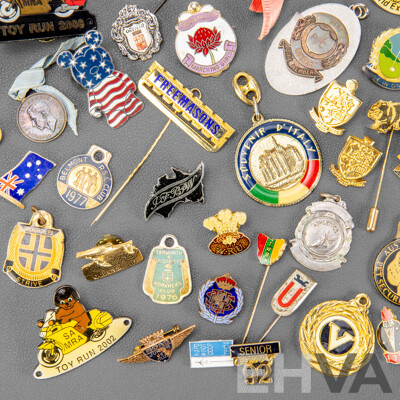 Collection of International Lapel Pins Including Freemasons, Toy Runs, Seniors, Pet Society and More