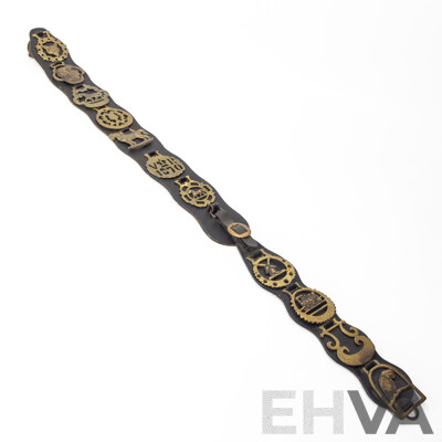 Vintage Horse Brasses on Leather Strap Including VR 1870, Edinburgh Thistle, Tom Pinch