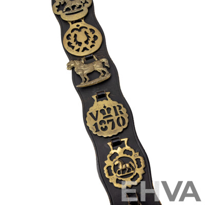 Vintage Horse Brasses on Leather Strap Including VR 1870, Edinburgh Thistle, Tom Pinch