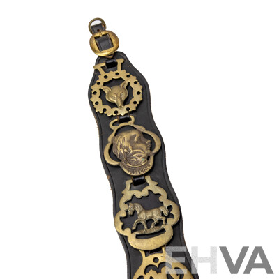 Vintage Horse Brasses on Leather Strap Including VR 1870, Edinburgh Thistle, Tom Pinch