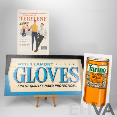 Three Vintage Advertising Signs Including Double Sided Wells Lamont Gloves, Tarino Orange Drink and Terylene Polyester Fibre