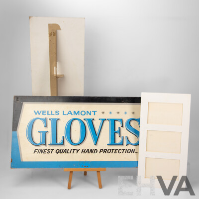 Three Vintage Advertising Signs Including Double Sided Wells Lamont Gloves, Tarino Orange Drink and Terylene Polyester Fibre