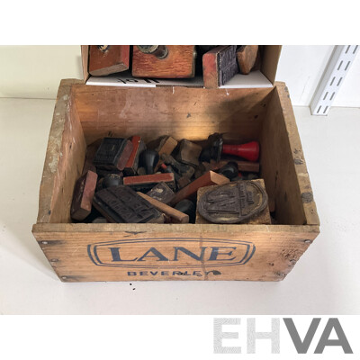 Collection of Timber Handled Rubber Company Stamps Including Herbert Wilson, H.E Collins Sydney, Mack Syd and More