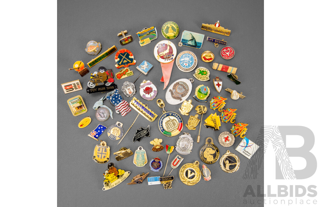 Collection of International Lapel Pins Including Freemasons, Toy Runs, Seniors, Pet Society and More