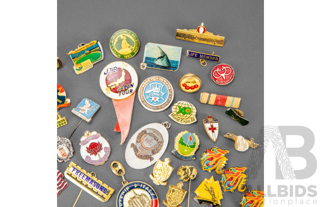 Collection of International Lapel Pins Including Freemasons, Toy Runs, Seniors, Pet Society and More
