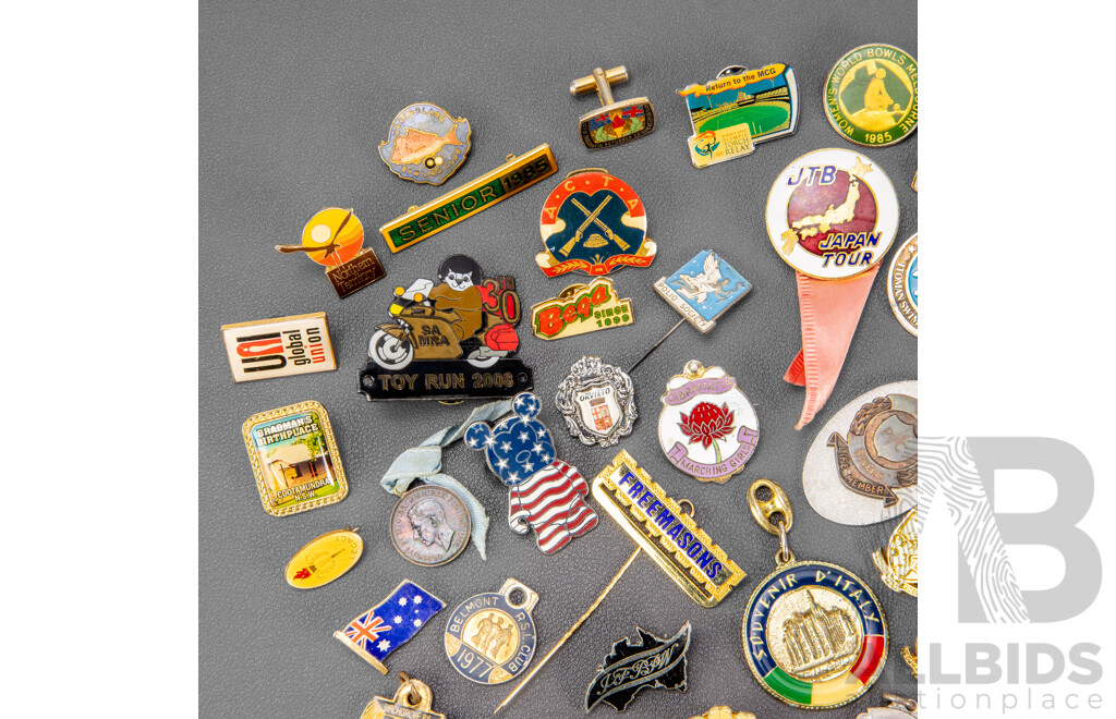 Collection of International Lapel Pins Including Freemasons, Toy Runs, Seniors, Pet Society and More