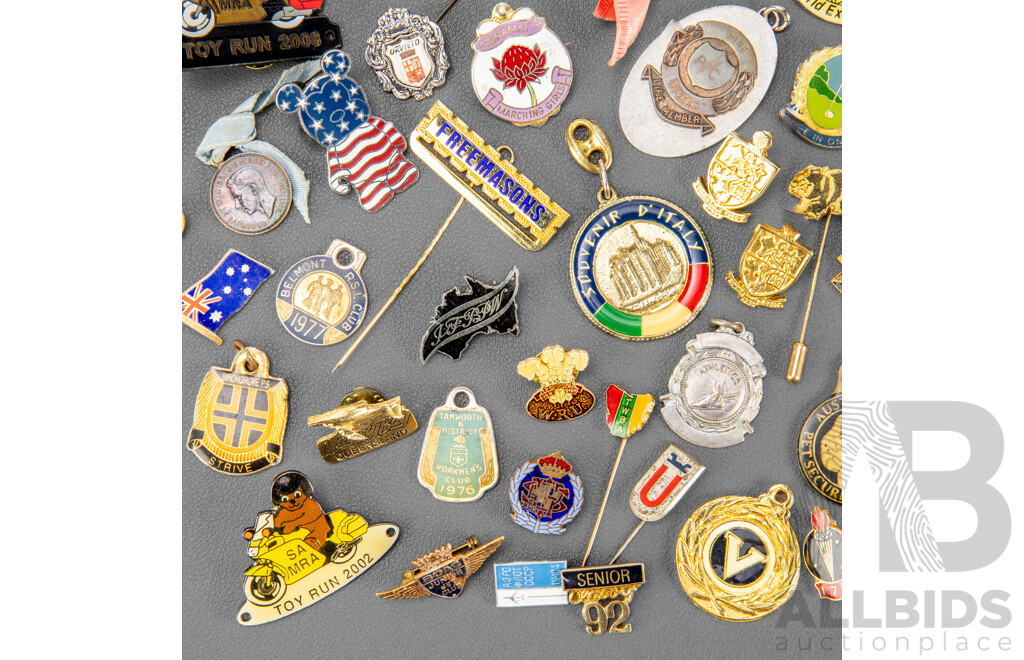 Collection of International Lapel Pins Including Freemasons, Toy Runs, Seniors, Pet Society and More