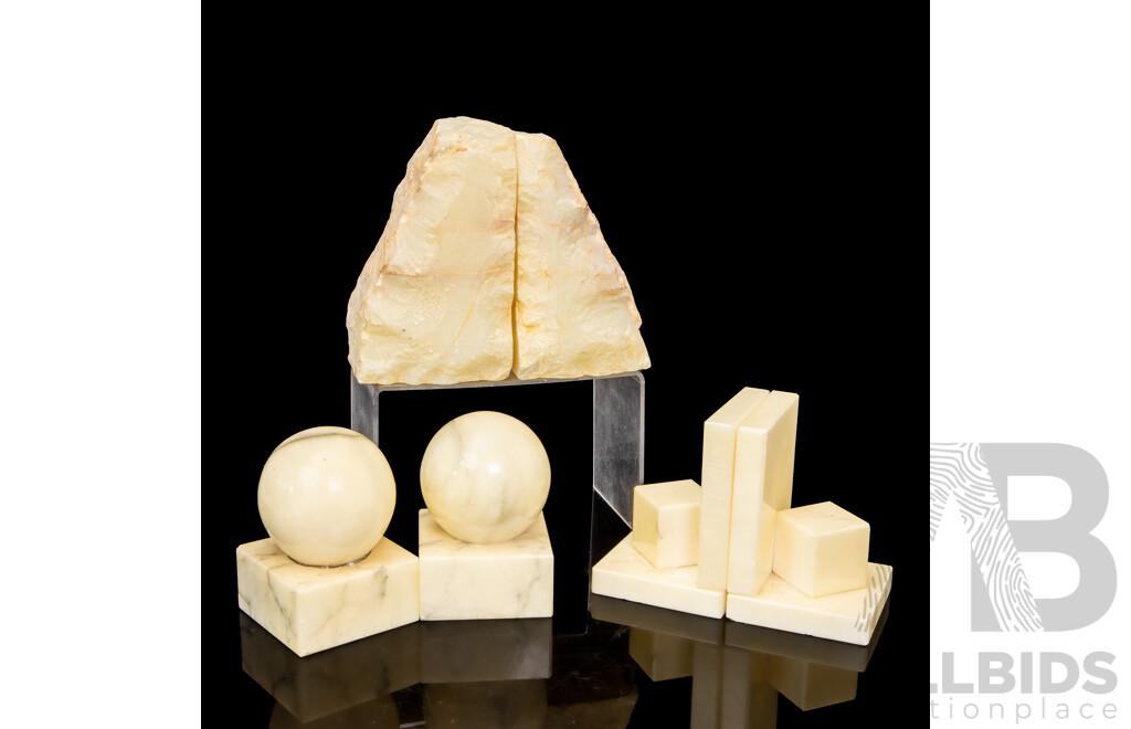 Three Sets of Alabaster Book Ends Including Spheres, Block Form and Raw Edge