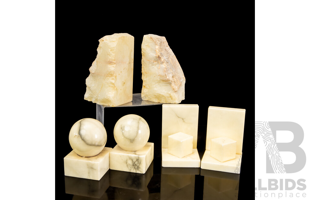 Three Sets of Alabaster Book Ends Including Spheres, Block Form and Raw Edge