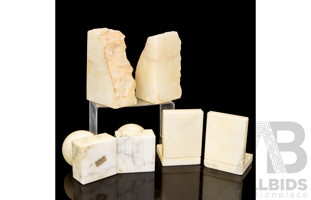 Three Sets of Alabaster Book Ends Including Spheres, Block Form and Raw Edge